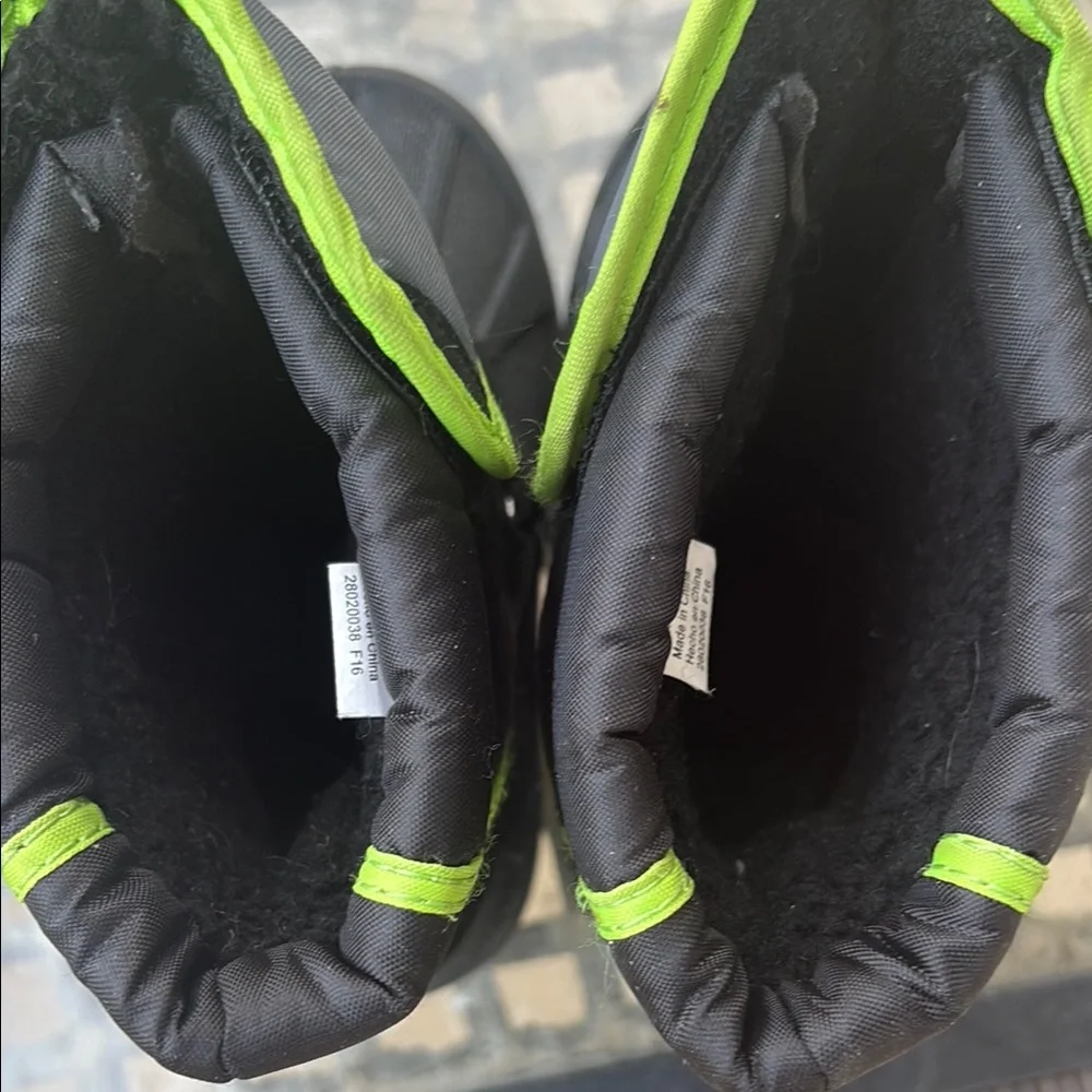 Kids Black and Gray Winter Boots with Lime Trim